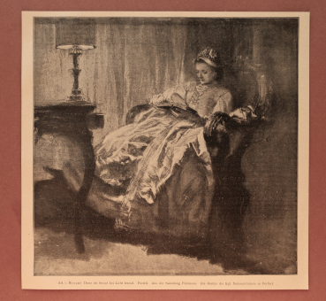 Kunst Druck Ad v Menzel 1890-1900 Dame im Sessel bei Licht lesend